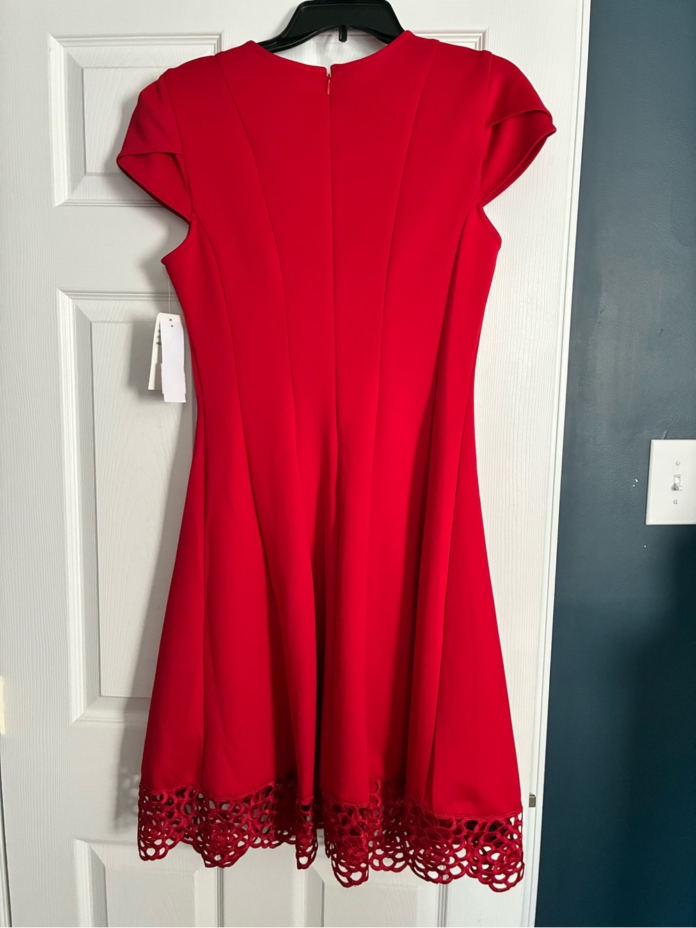 Donna Ricco Red Cap-Sleeve Fit-and-Flare Dress with Laser-Cut Lace Hem - Picture 2 of 7